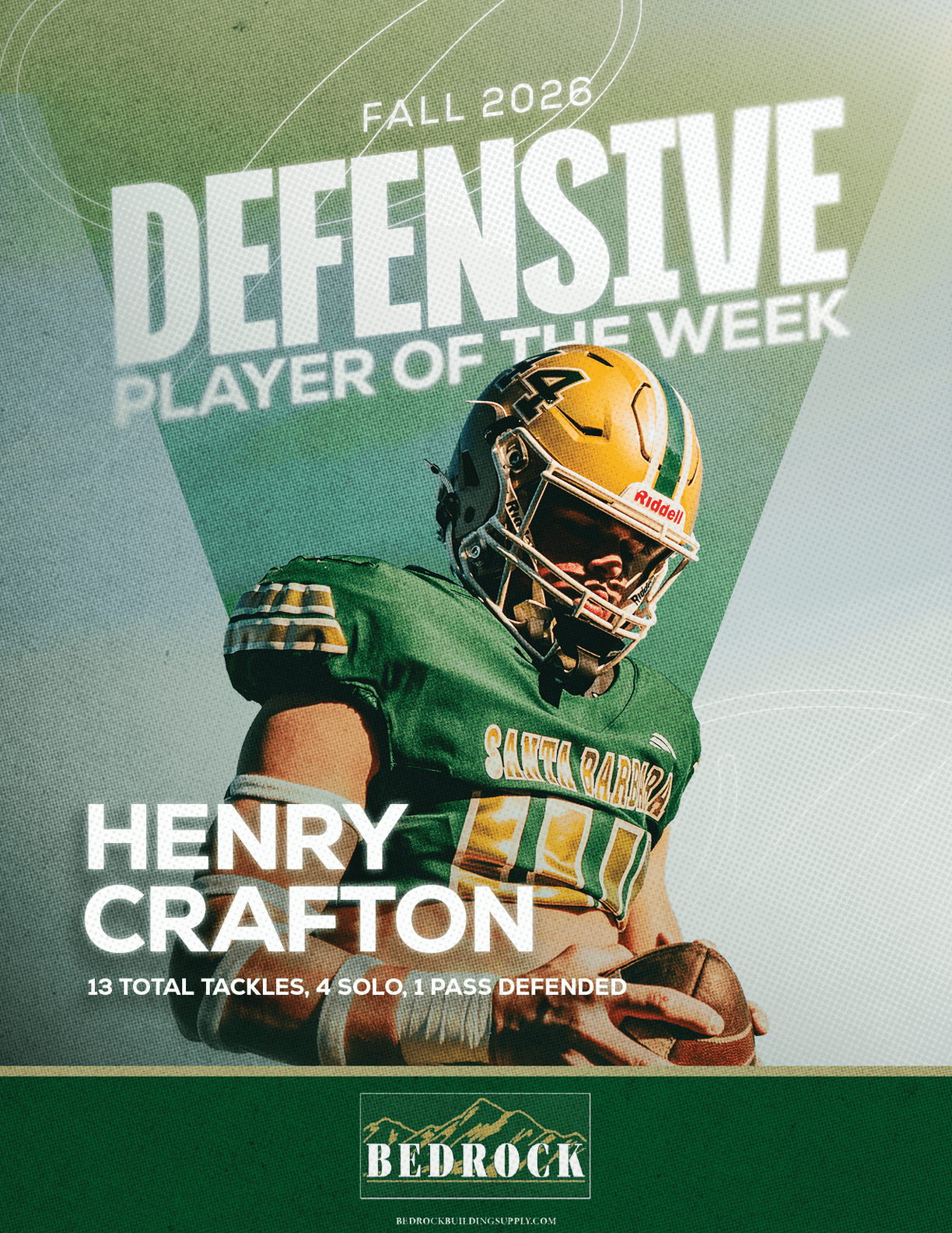 A person in a green and yellow football uniform holding a football is featured with text highlighting them as the Fall 2026 Defensive Player of the Week named Henry Crafton with statistics and a Bedrock logo at the bottom. Description generated by AI