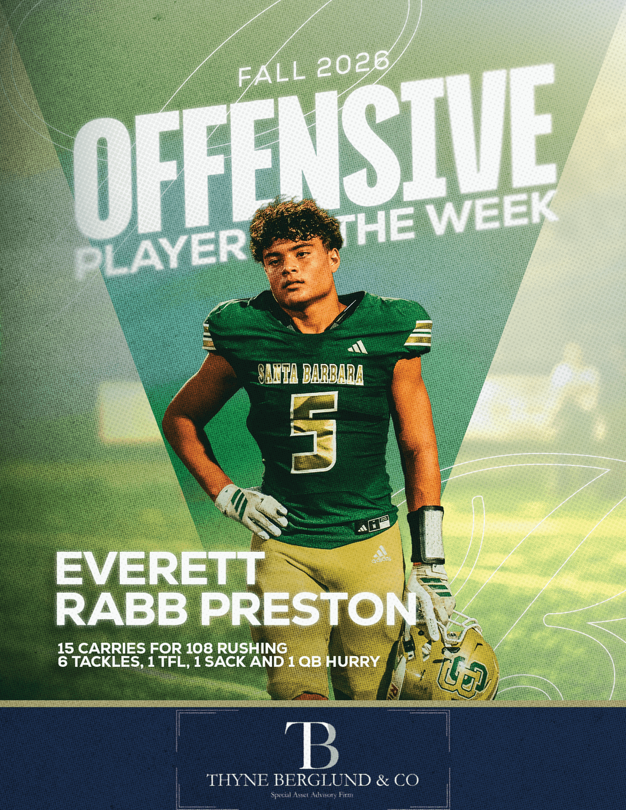 A person in a green football uniform with the number 5 stands confidently holding a helmet on a field with text highlighting them as the Fall 2023 Offensive Player of the Week named Everett Rabb Preston. Description generated by AI