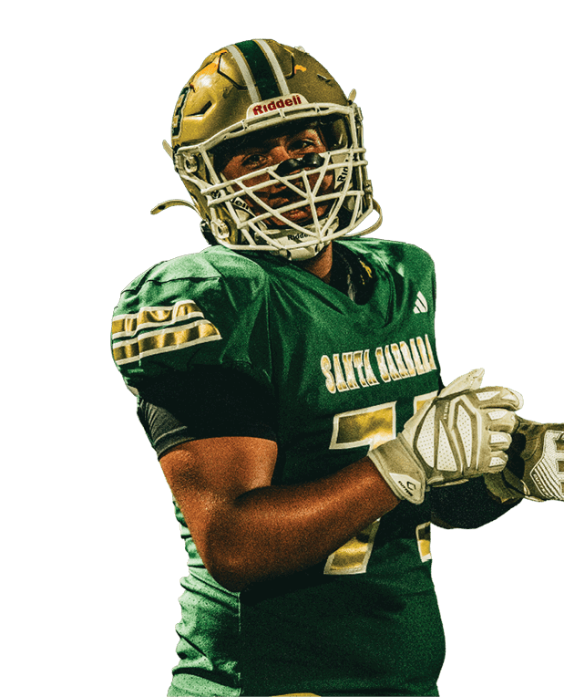 A person wearing a gold football helmet with a white faceguard and green and white stripes is looking forward. Description generated by AI