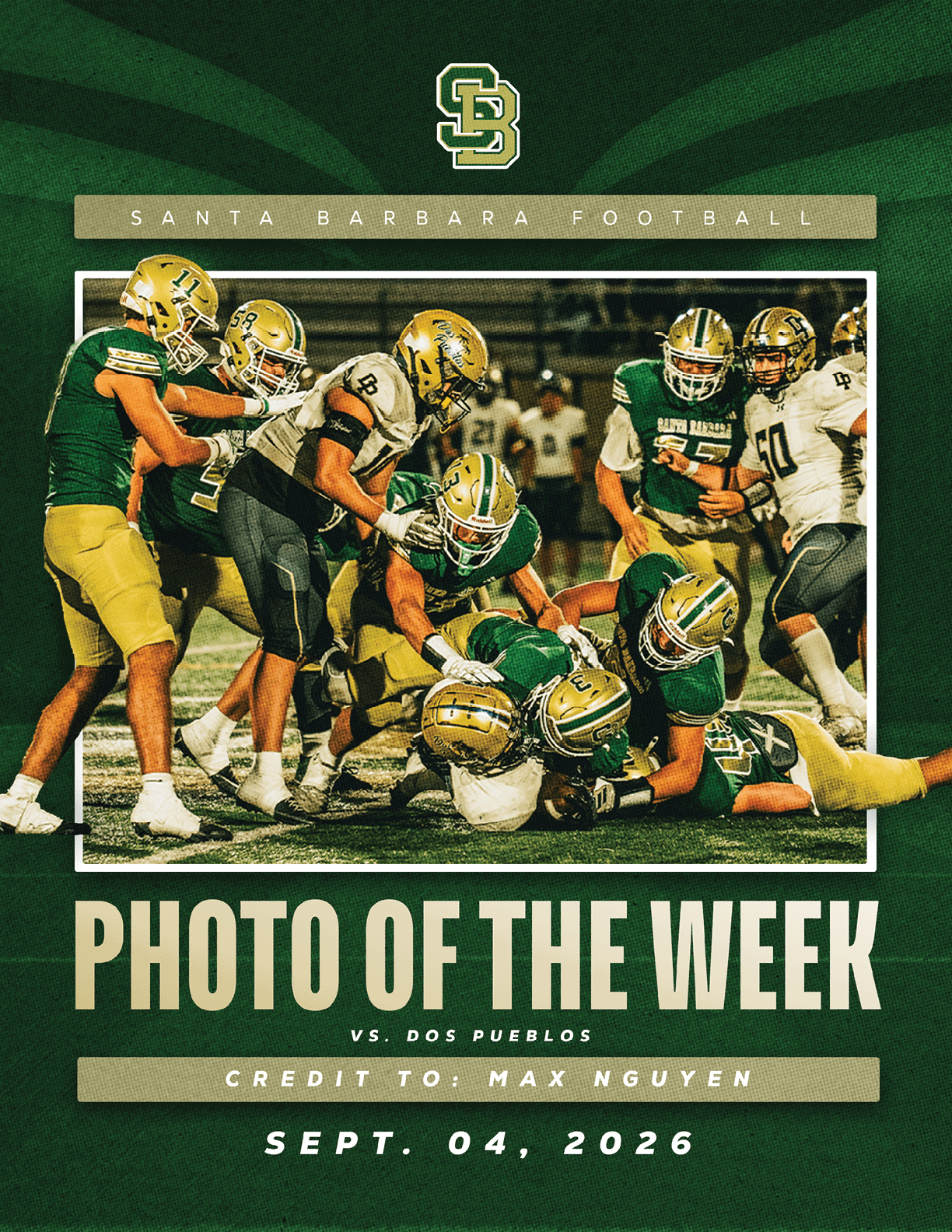 A group of football players in green and gold uniforms are engaged in a play on the field during a game between Santa Barbara and Dos Pueblos, with some players tackling and others running. Description generated by AI