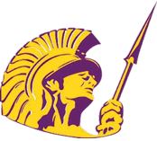 A stylized graphic of a person wearing a helmet with a plume, holding a spear upright. Description generated by AI