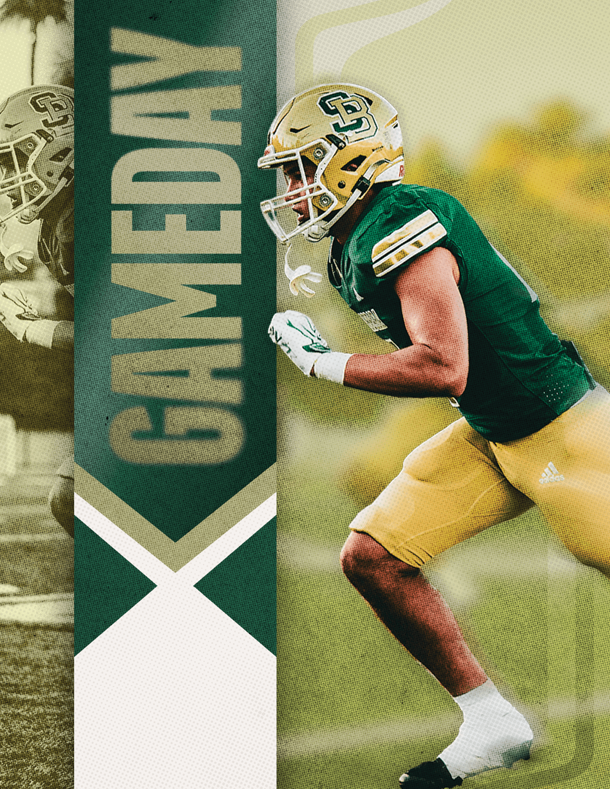 A person in a green and yellow football uniform is running on a field with a vertical banner next to them that reads “GAMEDAY." Description generated by AI