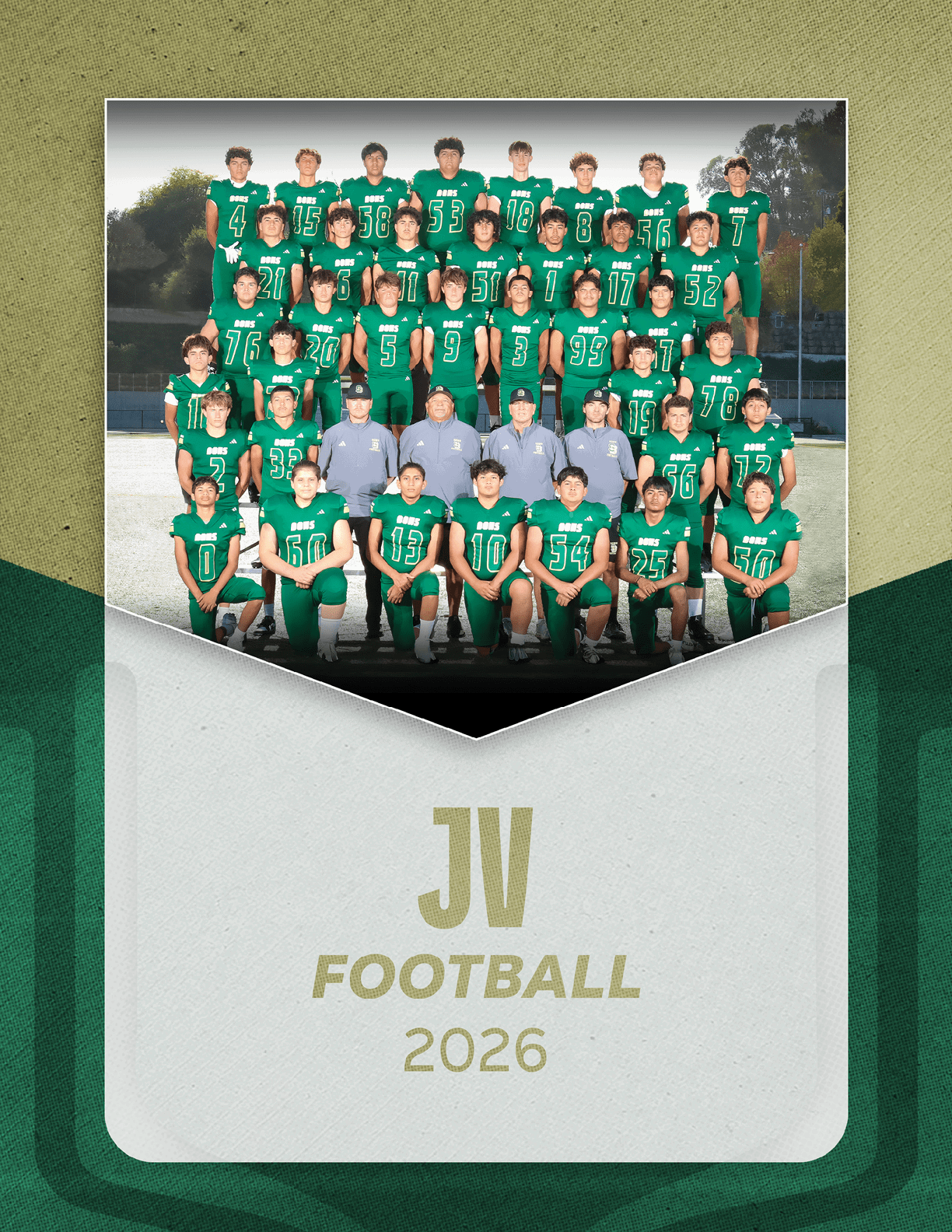 A group of people wearing green football uniforms and gray shirts pose together outdoors with text below reading JV Football 2026. Description generated by AI