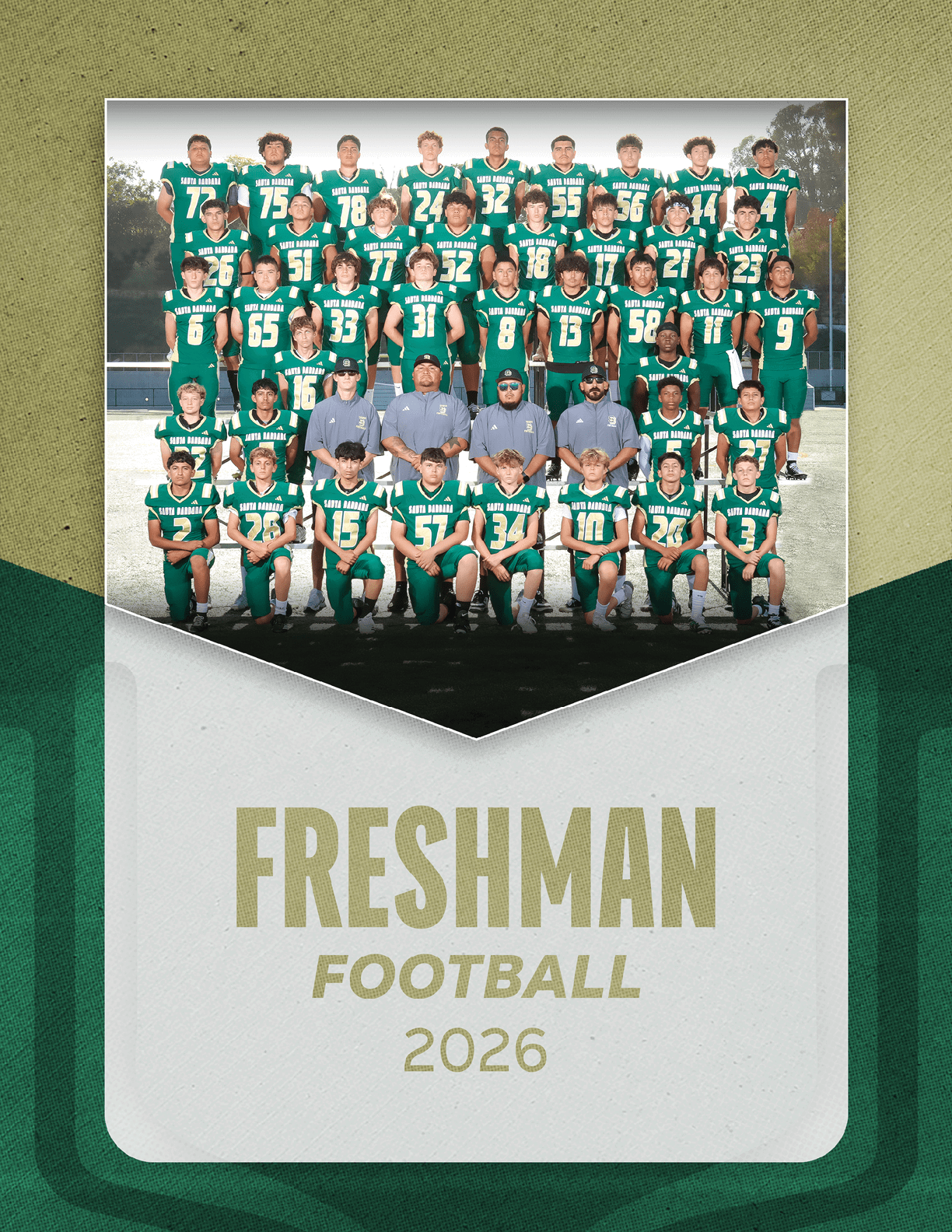 A group of people wearing green football uniforms and coaches in gray shirts pose for a team photo outdoors with the text Freshman Football 2026 below. Description generated by AI