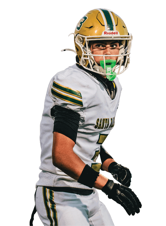 A person wearing a yellow football helmet with a green number three and a white faceguard is shown in close-up against a white background. Description generated by AI