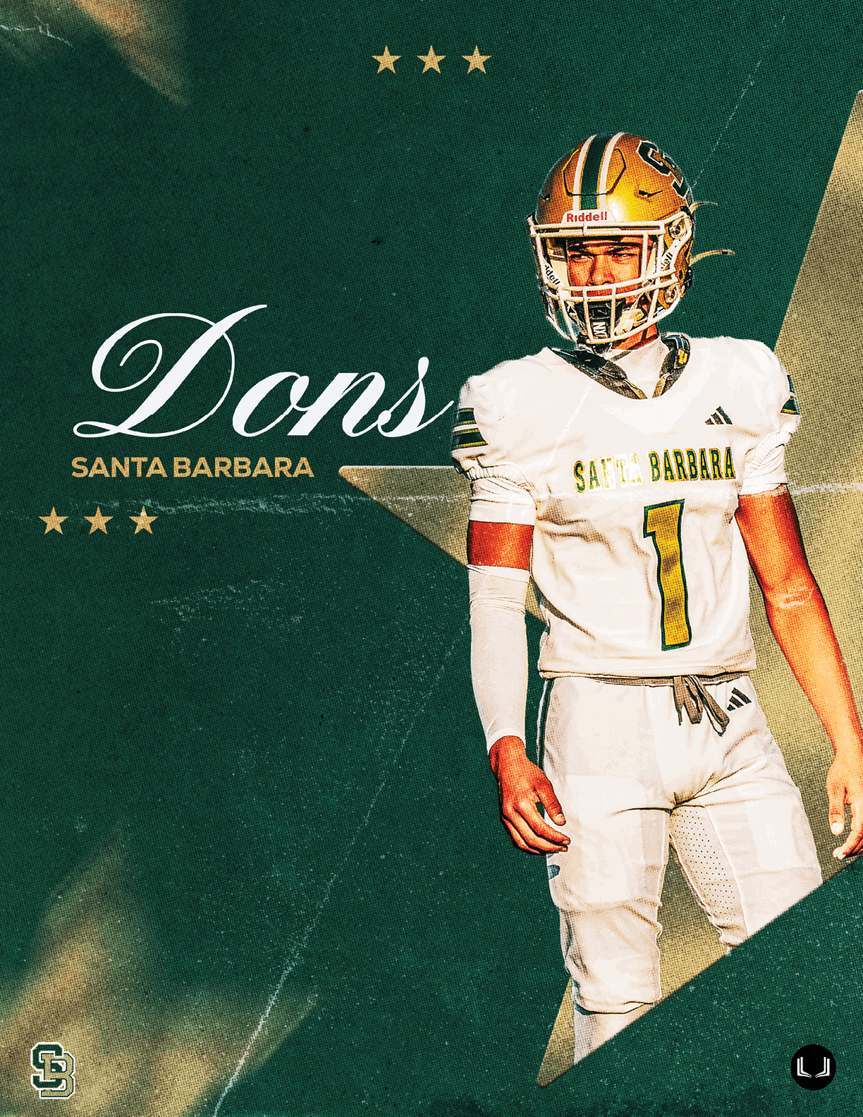 A person wearing a white football uniform with the number one and a yellow helmet stands against a green background with the text “Dons Santa Barbara" and decorative stars. Description generated by AI