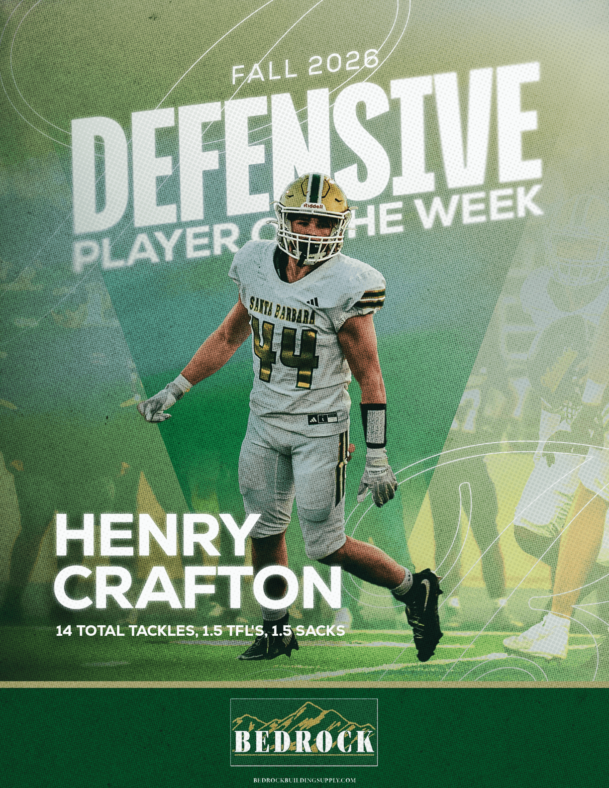 An athlete in a football uniform is walking on a field with text highlighting them as the Fall 2026 Defensive Player of the Week named Henry Crafton with statistics and a Bedrock logo at the bottom. Description generated by AI