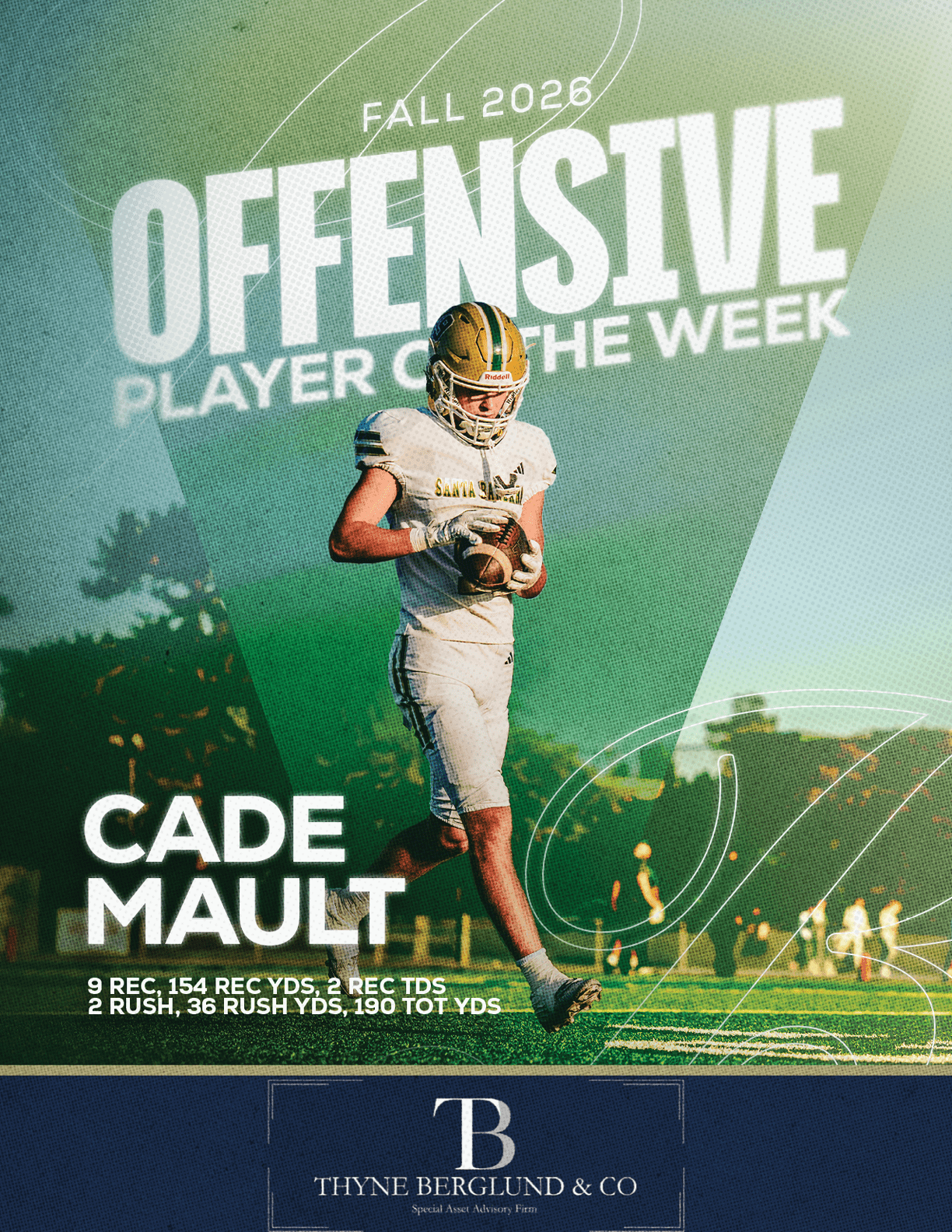 An adult in a football uniform is running on a field holding a football with text highlighting them as the offensive player of the week for fall 2026. Description generated by AI