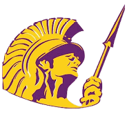 A stylized graphic of a person wearing a classical warrior helmet and holding a spear, depicted in yellow and purple colors. Description generated by AI