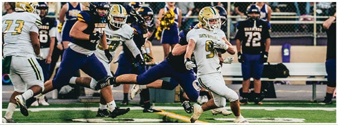 People in sports uniforms are actively playing a football game on a field with spectators and cheerleaders in the background. Description generated by AI
