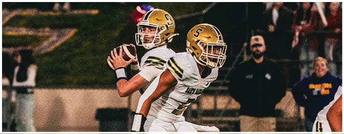 A group of people in football uniforms are actively playing on a field with spectators watching from the stands in the background. Description generated by AI
