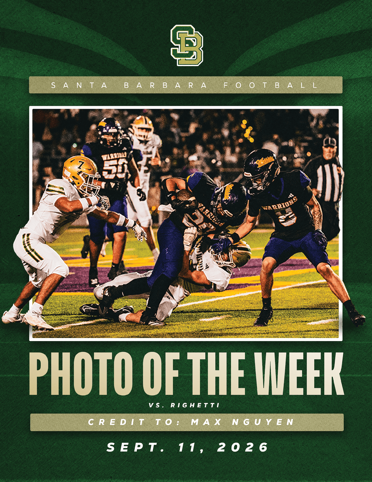 A dynamic football game moment shows players in dark and white uniforms in action on a field with a crowd in the background, highlighted as the Santa Barbara Football photo of the week dated September 11, 2026. Description generated by AI