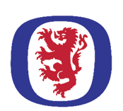 A stylized red lion standing on its hind legs inside a white rounded rectangle with a thick blue border. Description generated by AI
