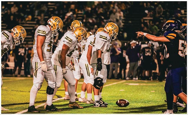 People wearing football uniforms stand on a field near a football resting on the grass. Description generated by AI