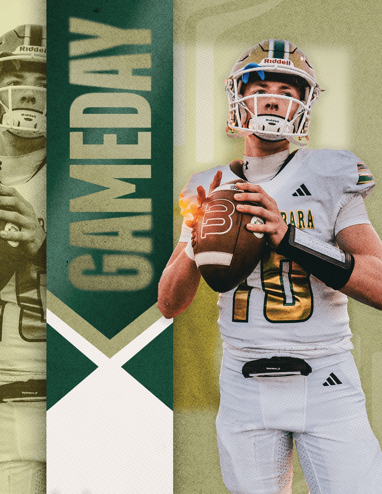 A person in a white football uniform and helmet is holding a football in a ready-to-throw position next to a vertical banner with the word GAMEDAY. Description generated by AI