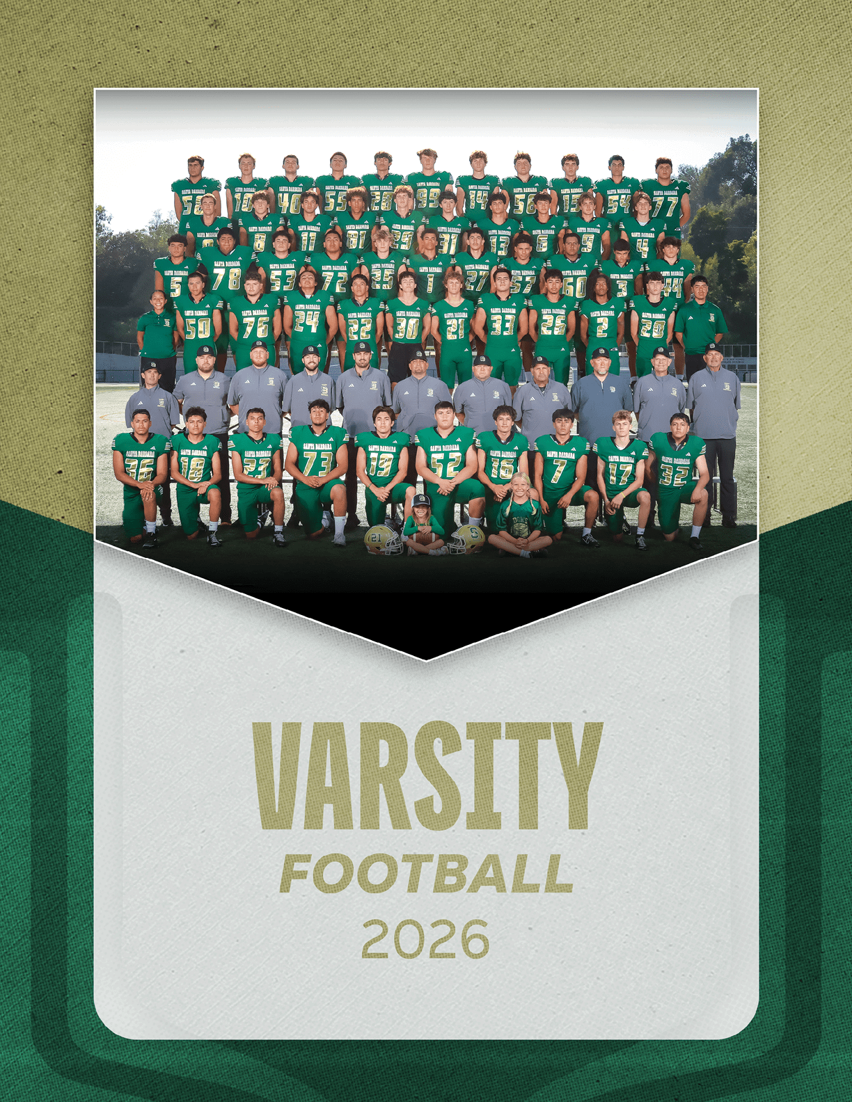 A large group of people wearing green football uniforms and gray shirts pose together outdoors in a team photo above the text varsity football 2026. Description generated by AI