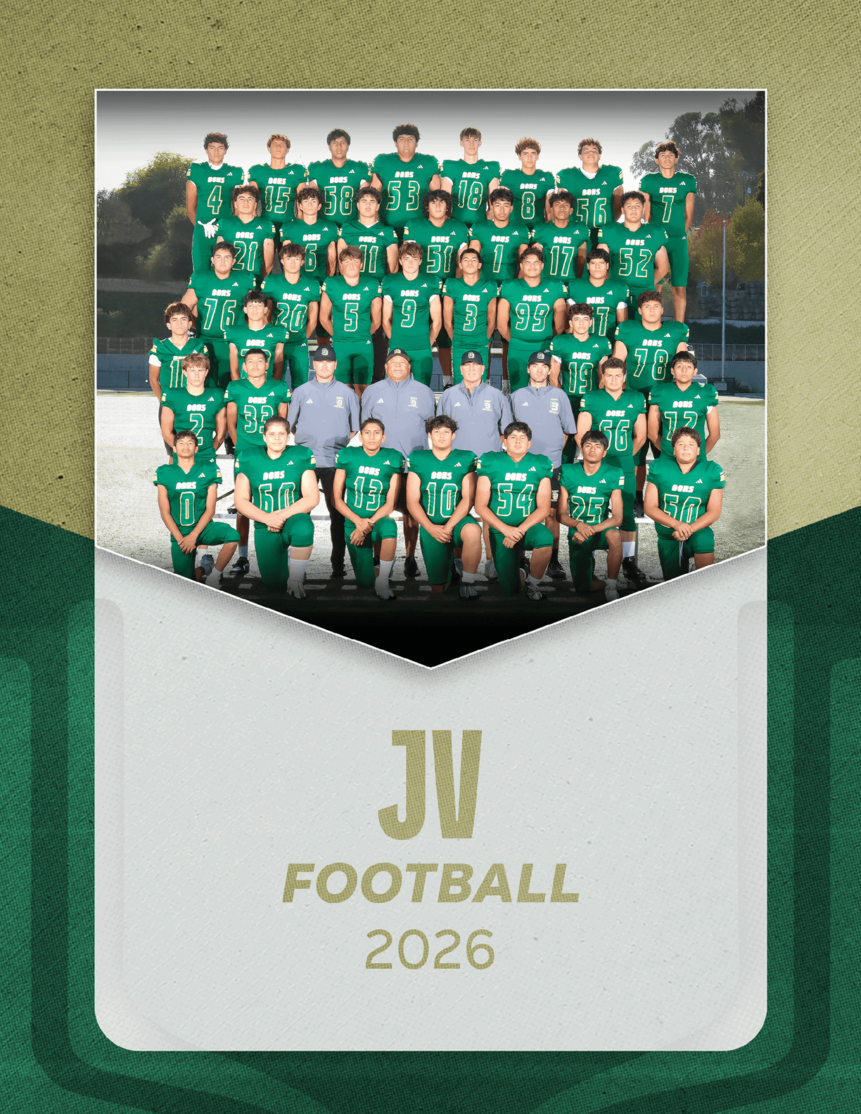 A group of people wearing green football uniforms and coaches in gray shirts pose together outdoors with the text JV Football 2026 below them on a textured background. Description generated by AI