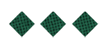 Three green diamond shapes with a black checkered pattern are evenly spaced on a white background. Description generated by AI