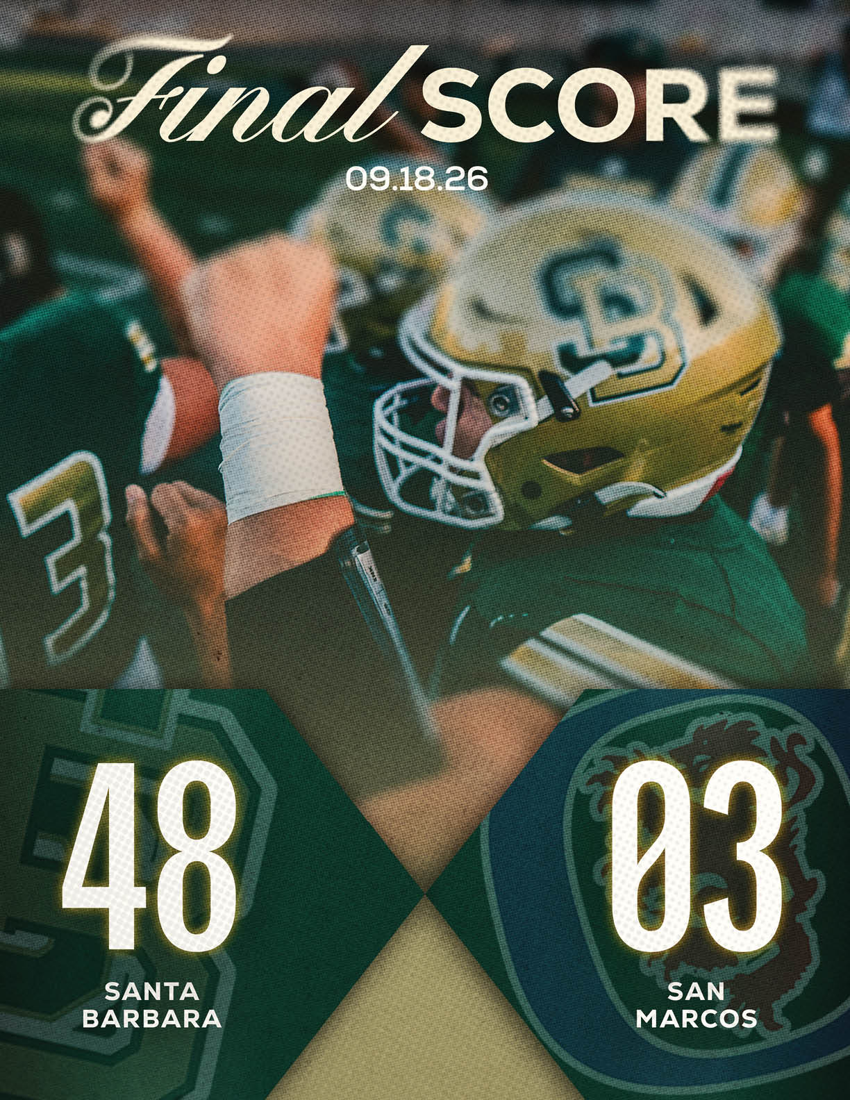 A football player wearing a gold helmet and green uniform celebrates with a raised fist while the final score shows Santa Barbara defeating San Marcos. Description generated by AI