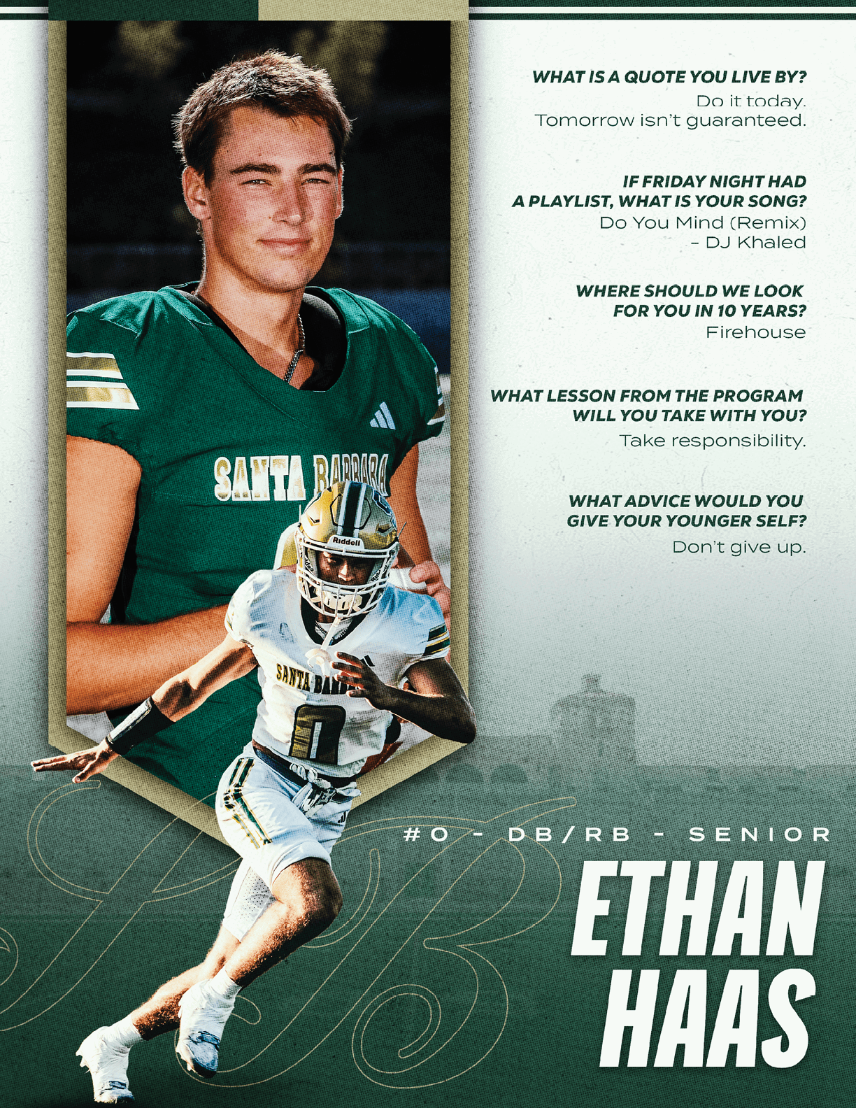 A person in a green sports jersey stands behind an action shot of the same person running in a white football uniform with a helmet, accompanied by text highlighting their name Ethan Haas and football-related quotes. Description generated by AI