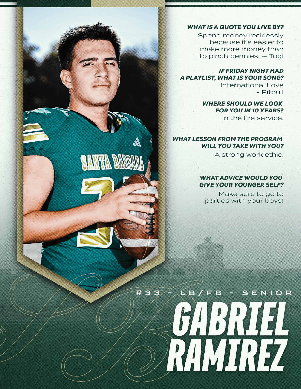 A person in a green football jersey holding a football stands next to a text block with personal quotes and the name Gabriel Ramirez with sports position and senior status. Description generated by AI