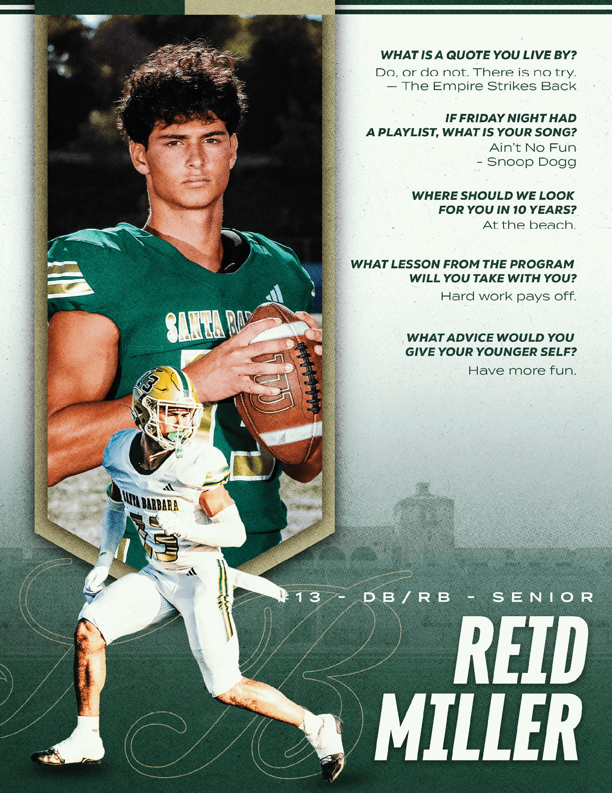 A person in a green football jersey holding a football is shown in a portrait above an action shot of the same person in a white football uniform running with the ball, accompanied by text listing personal quotes and the name Reid Miller. Description generated by AI