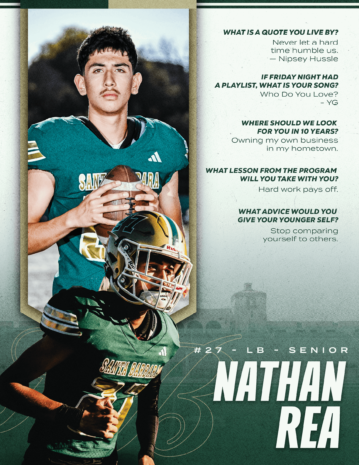 Two people wearing green football uniforms with “Saint Michael" on the jerseys are posed with one holding a football and the other wearing a helmet, alongside text highlighting quotes and the name Nathan Rea. Description generated by AI