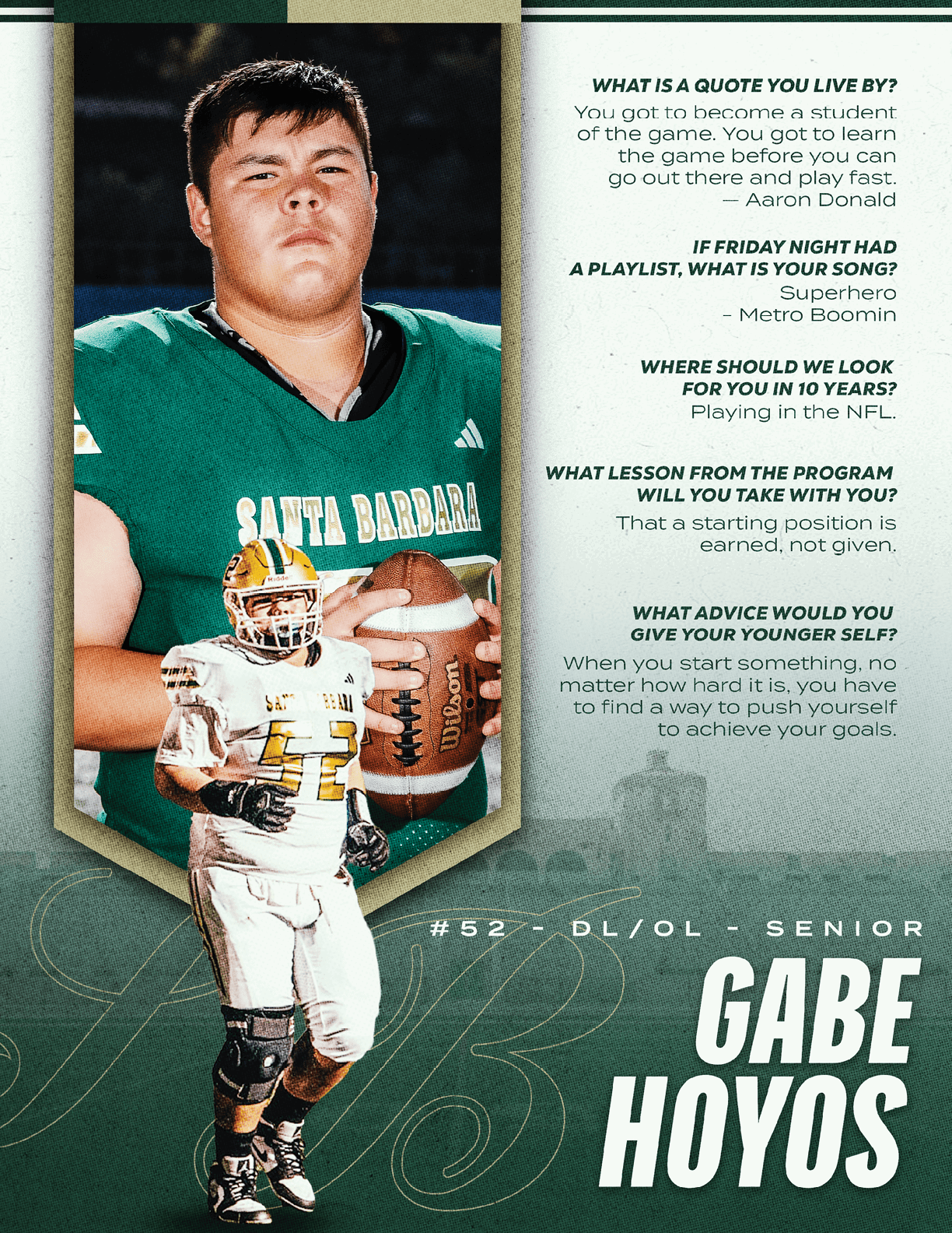 A person in a green football jersey holding a football is featured alongside an action shot of the same person in white football gear running on a field with text about their football experience and name Gabe Hoyos. Description generated by AI
