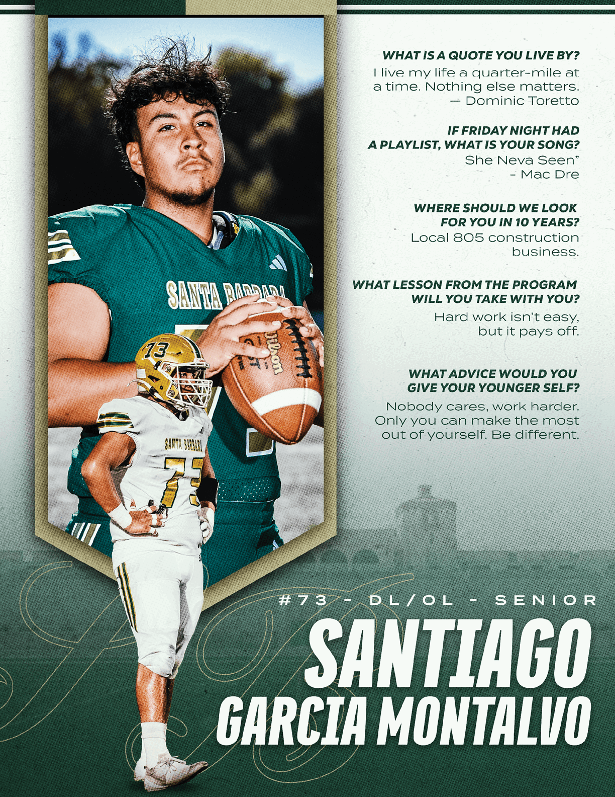 A senior football player in a green jersey holding a football stands behind a smaller image of the same player in a white and yellow uniform holding a football with text highlighting personal quotes and goals. Description generated by AI