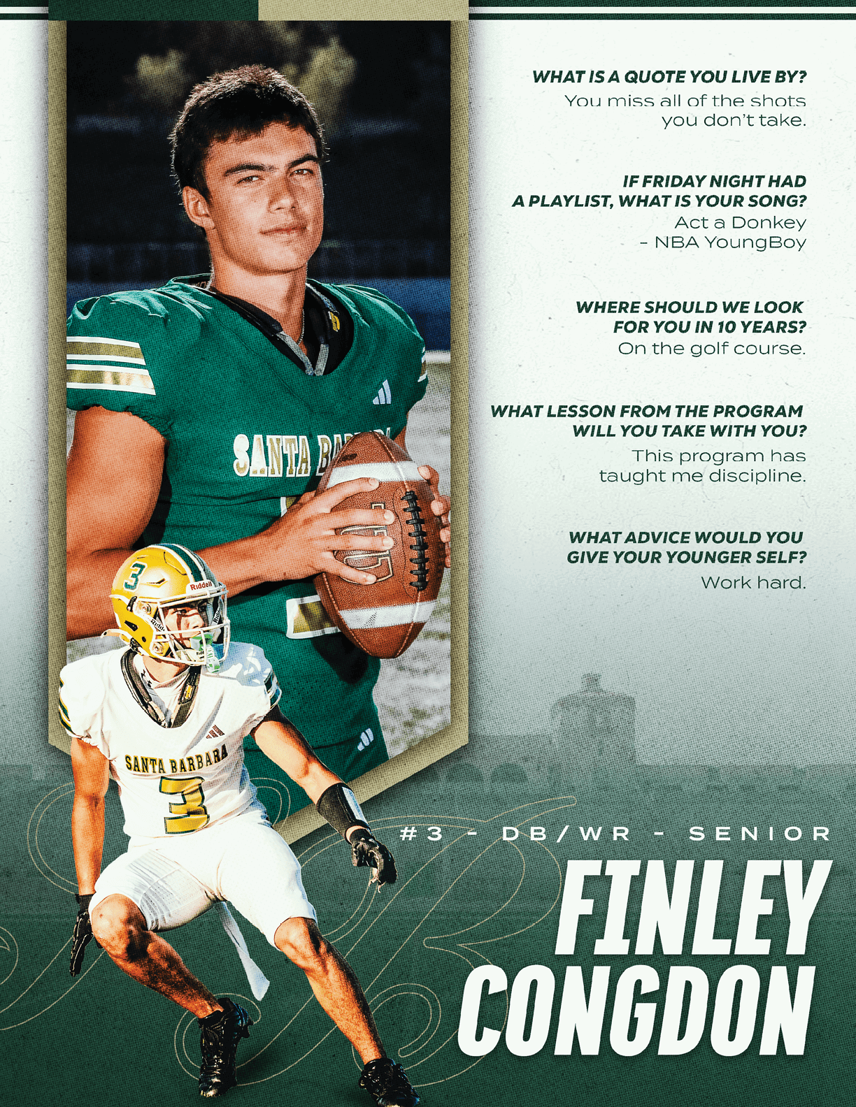 A person in a green football uniform holding a football is shown alongside an action shot of the same person in a white football uniform with a helmet, with text highlighting their name, position, and inspirational quotes. Description generated by AI