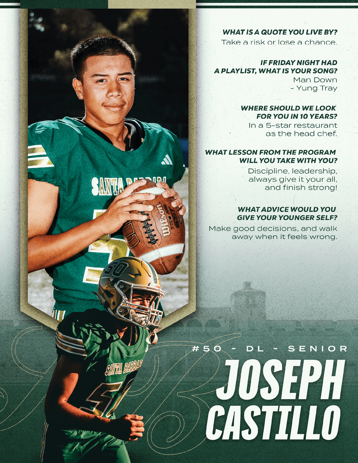 A person in a green football uniform holding a football is featured alongside text with personal quotes and the name Joseph Castillo indicating a senior status. Description generated by AI
