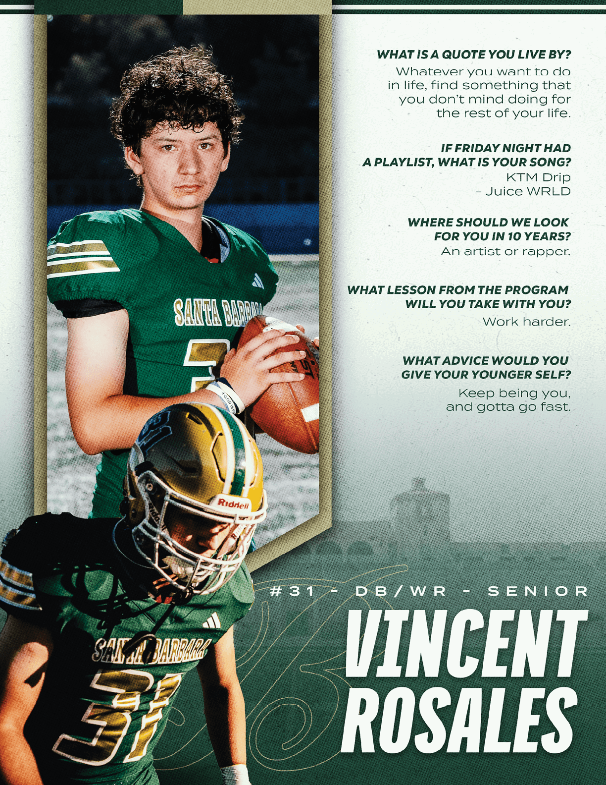 Two people in green football uniforms are featured with one holding a football and the other wearing a helmet, alongside text highlighting a person named Vincent Rosales and personal quotes. Description generated by AI