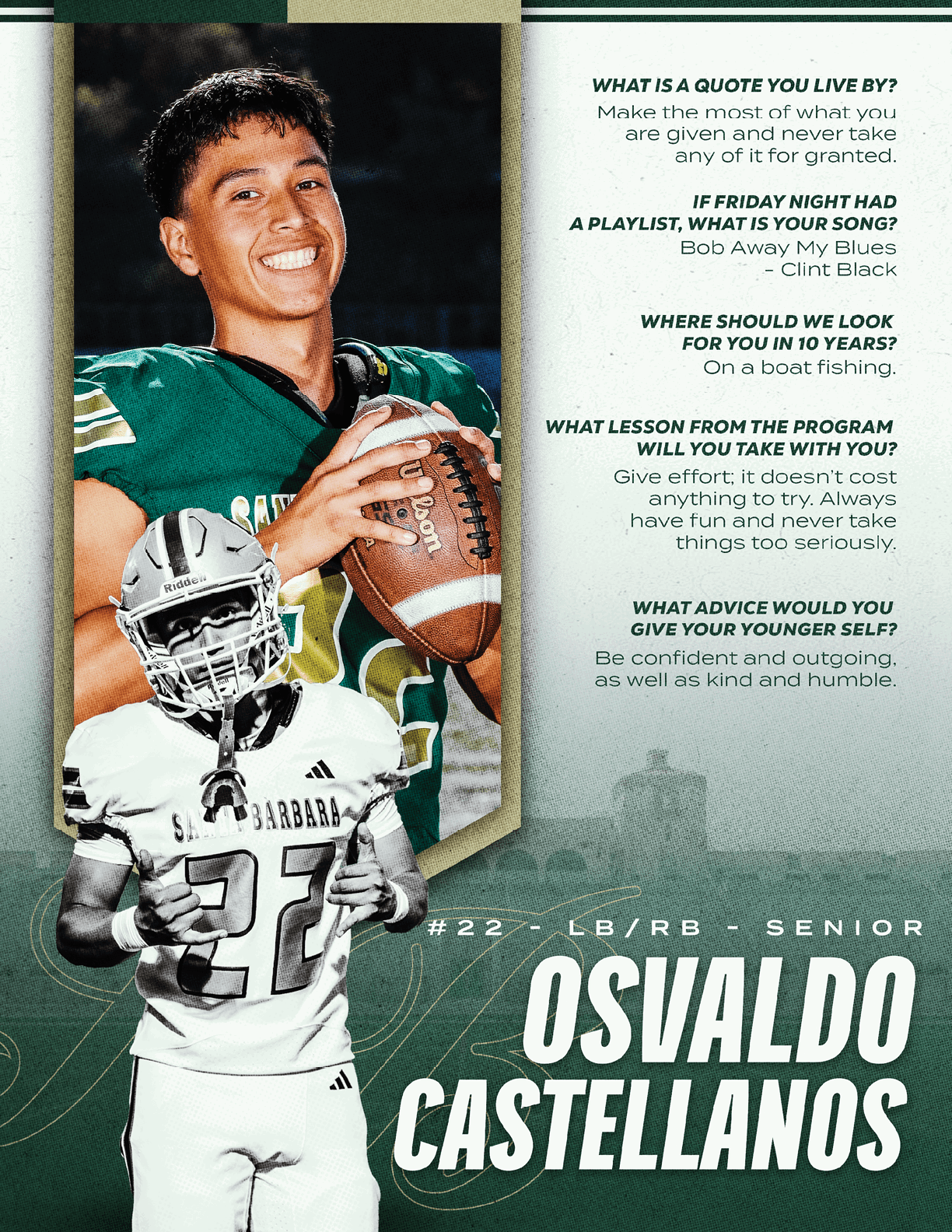 A senior football player wearing a green jersey smiles while holding a football above a black-and-white action shot of the same player in a white uniform with a helmet, accompanied by motivational text and the name Osvaldo Castellanos. Description generated by AI