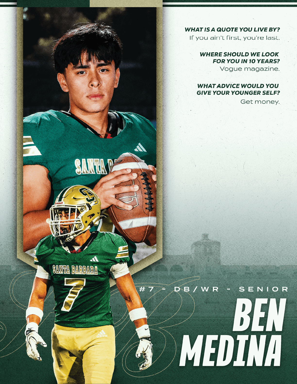 A person in a green football uniform holding a football is shown in a close-up and full-body pose with text displaying their name Ben Medina and football position DB/WR Senior. Description generated by AI