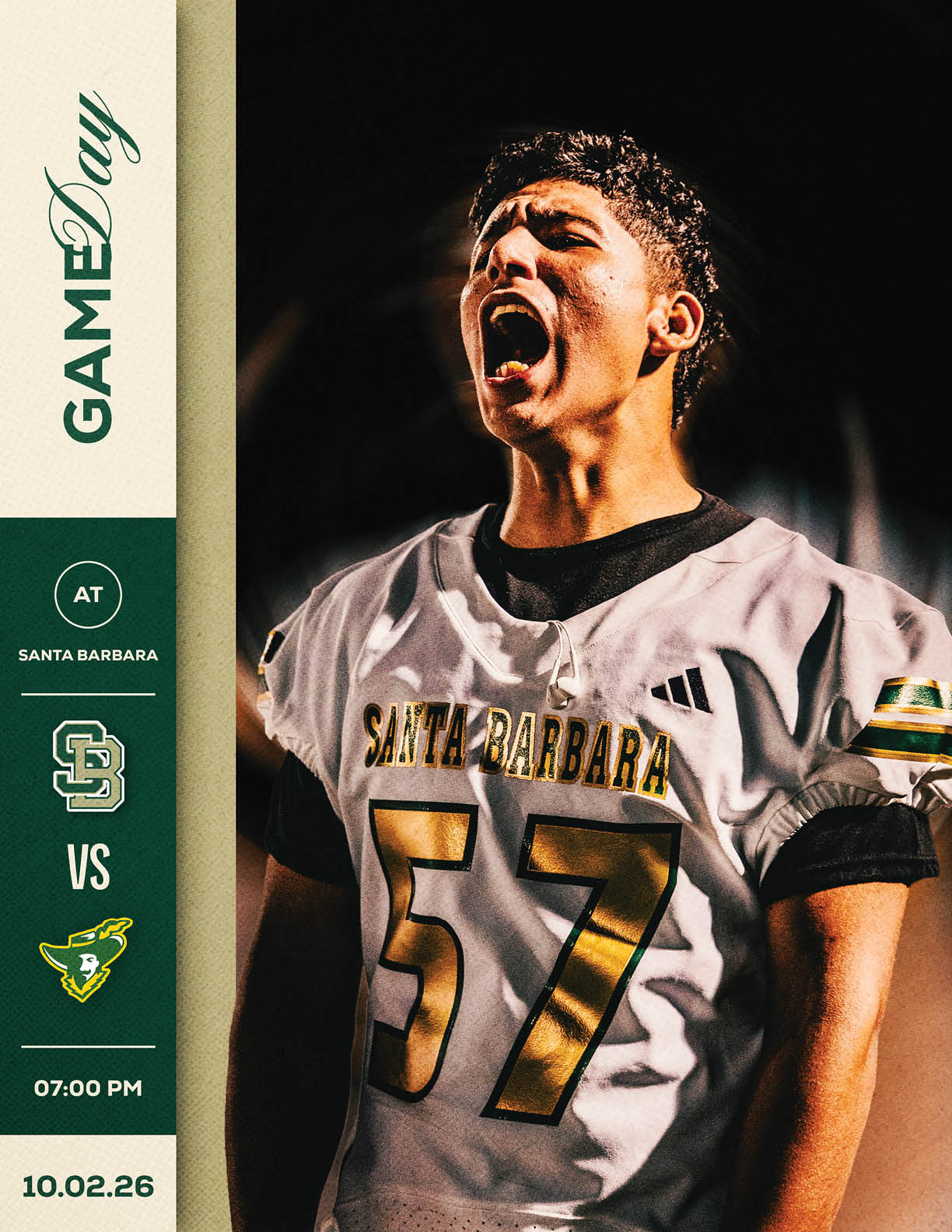 An adult wearing a Santa Barbara football jersey with the number 57 is shouting passionately on a dark field with a graphic showing a game between Santa Barbara and another team scheduled for 7 PM on October 2, 2026. Description generated by AI