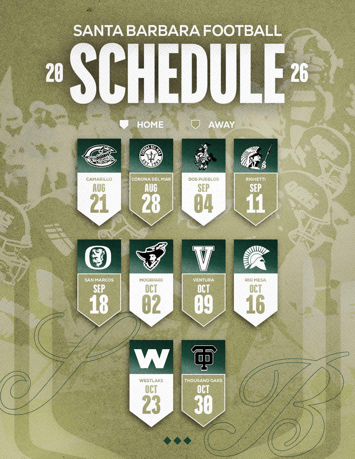 Santa Barbara Football 2026 schedule displayed with team logos and dates for home and away games on a textured green background. Description generated by AI