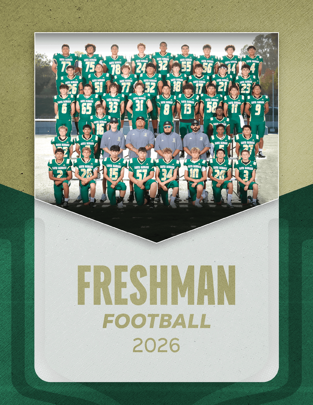 A group of people wearing green football uniforms and coaches in gray shirts pose for a team photo outdoors with the text Freshman Football 2026 below. Description generated by AI