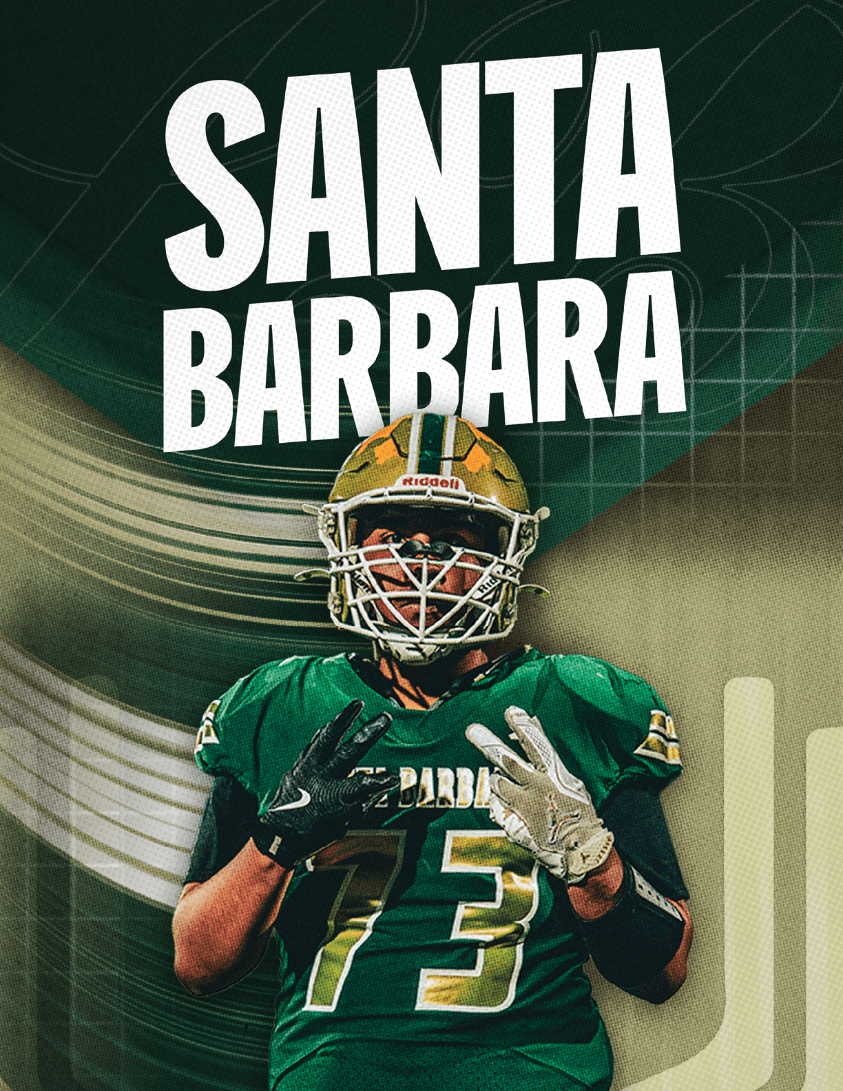 A person wearing a green and gold football uniform with the number 73 and a helmet is posing with hands raised in front of a background that says Santa Barbara. Description generated by AI