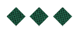 Three green diamond shapes with a black grid pattern are evenly spaced on a white background. Description generated by AI