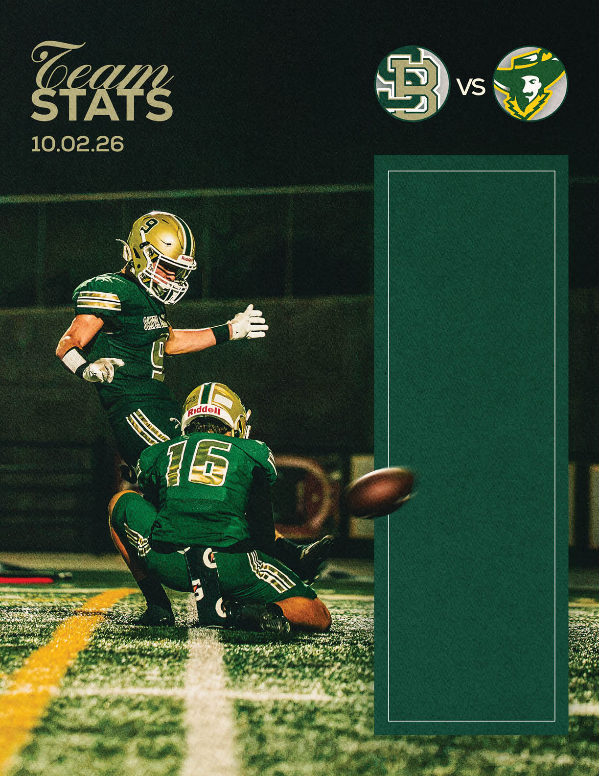 Two football players in green and gold uniforms are on a field with one holding the ball for a kick while the other prepares to kick it, with team logos and the text “Team Stats 10.02.26" displayed above. Description generated by AI