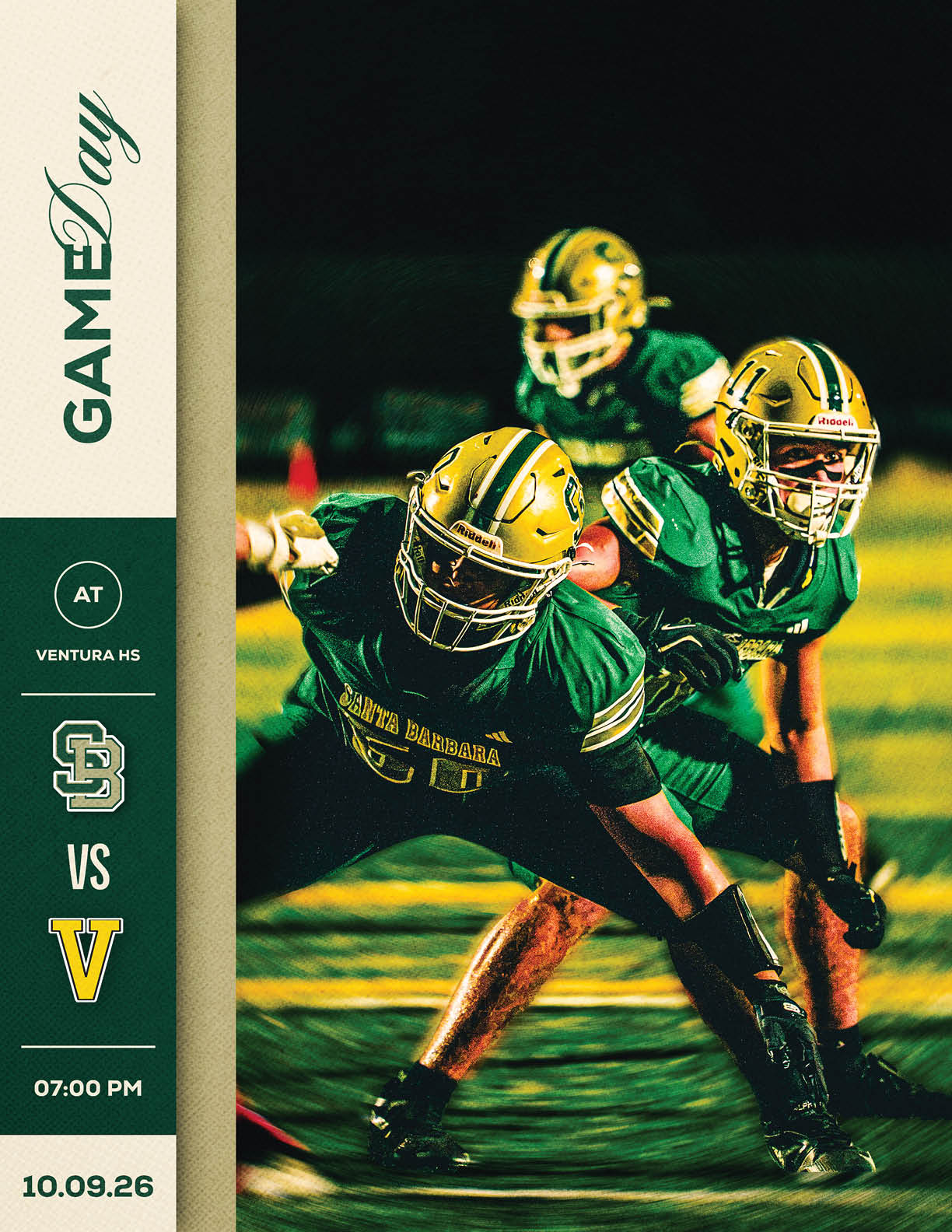 Three football players in green and gold uniforms are positioned on a field under stadium lights preparing for a play, with text indicating a game day event between two teams at Ventura High School. Description generated by AI