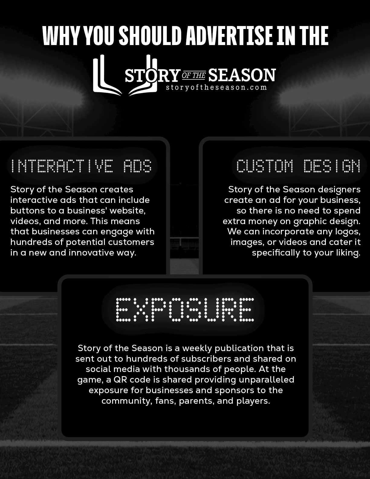 A poster with three sections about advertising in the story of the season. Description generated by AI