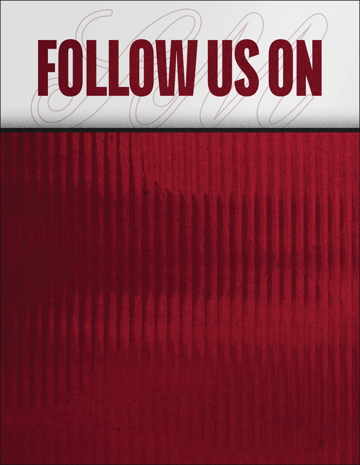 A black and red sign that says Follow Us On. Description generated by AI