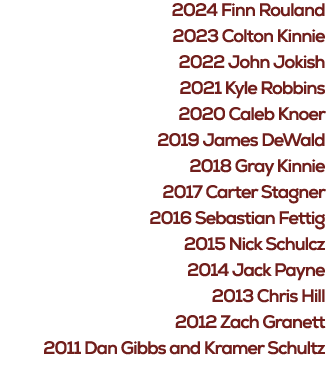2024 Finn Rouland 2023 Colton Kinnie 2022 John Jokish 2021 Kyle Robbins 2020 Caleb Knoer 2019 James DeWald 2018 Gray ...
