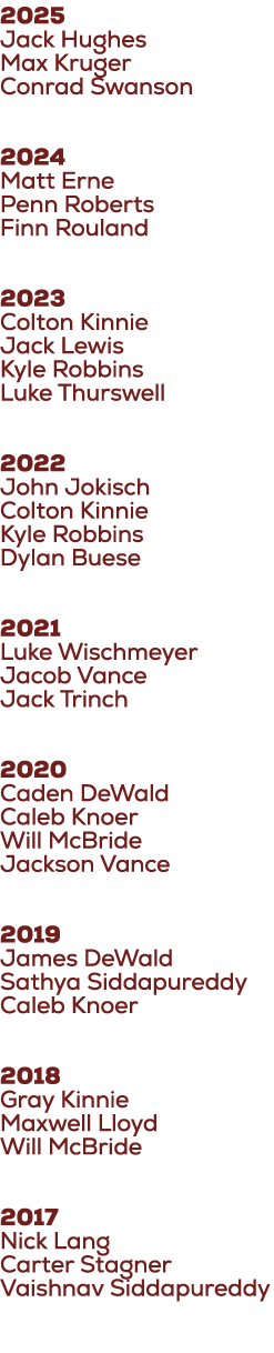 2025 Jack Hughes Max Kruger Conrad Swanson 2024 Matt Erne Penn Roberts Finn Rouland 2023 Colton Kinnie Jack Lewis Kyl...