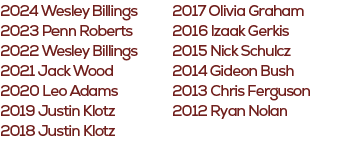 2017 Olivia Graham 2016 Izaak Gerkis 2015 Nick Schulcz 2014 Gideon Bush 2013 Chris Ferguson 2012 Ryan Nolan ,2024 Wes...