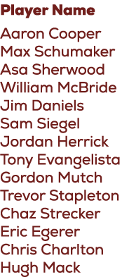 Player Name Aaron Cooper Max Schumaker Asa Sherwood William McBride Jim Daniels Sam Siegel Jordan Herrick Tony Evange...
