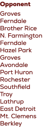 Opponent Groves Ferndale Brother Rice N. Farmington Ferndale Hazel Park Groves Avondale Port Huron Rochester Southfie...