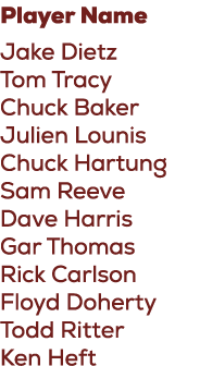 Player Name Jake Dietz Tom Tracy Chuck Baker Julien Lounis Chuck Hartung Sam Reeve Dave Harris Gar Thomas Rick Carlso...