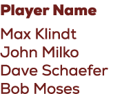 Player Name Max Klindt John Milko Dave Schaefer Bob Moses